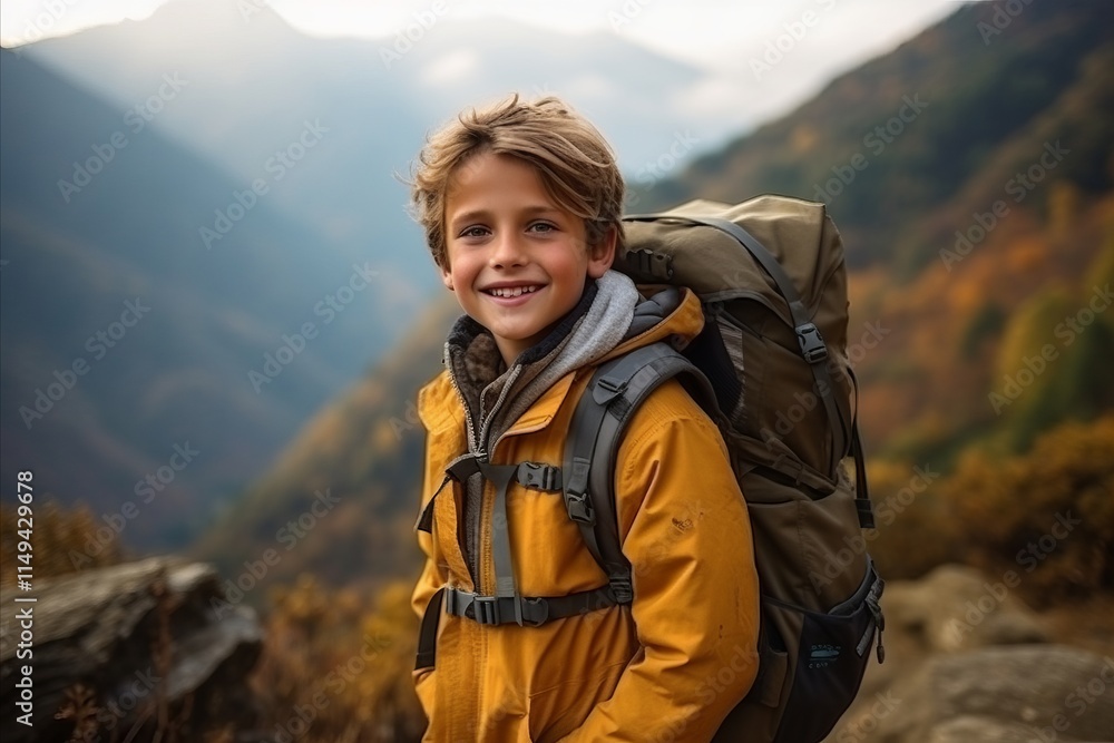 Hiker boy with backpack standing on top of the mountain and smiling Hiker boy with backpack standing on top of the mountain and smiling