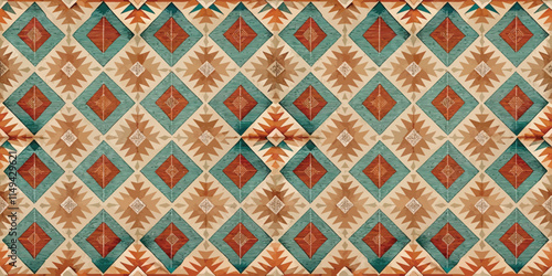 A vibrant textile pattern featuring geometric diamonds and leaf motifs in warm tones and teal accents.