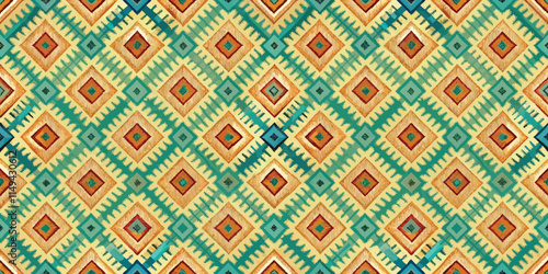 Intricate geometric pattern featuring turquoise and warm earthy tones.