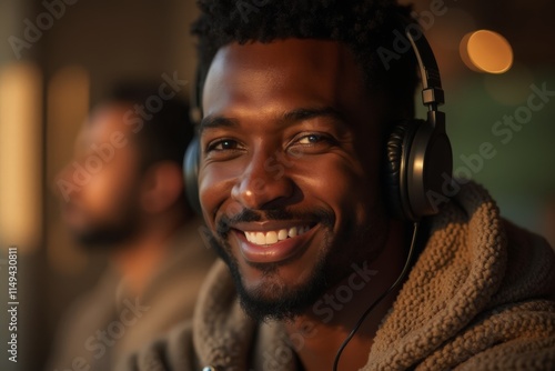 A smiling person wearing headphones and a brown knit sweater in warm ambient lighting. photo