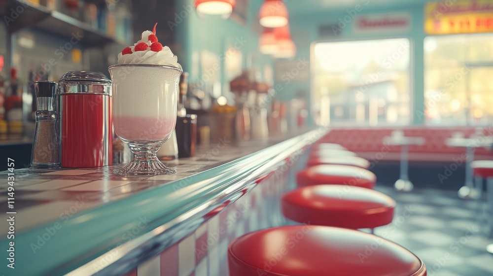 A classic diner scene featuring a milkshake with cherries on top, red stools, and a retro vibe, capturing a nostalgic atmosphere. A classic diner scene featuring a milkshake with cherries on top, red stools, and a retro vibe, capturing a nostalgic atmosphere.