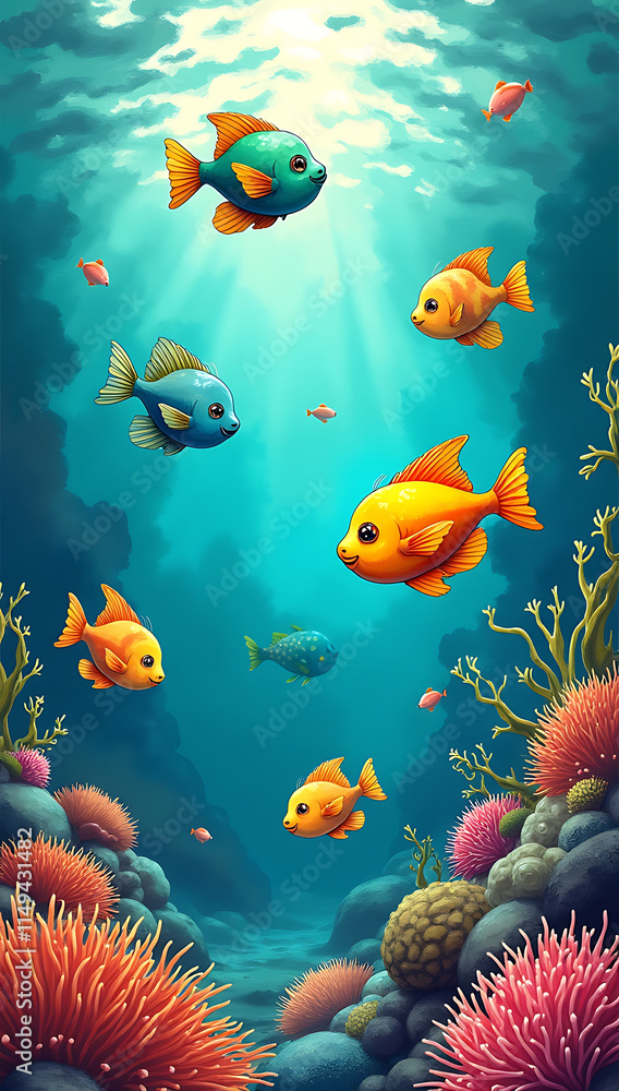 Fototapeta premium Playful watercolor painting of tropical fish in vibrant colors swimming in a turquoise ocean, surrounded by coral reefs, creating a lively and artistic HD phone wallpaper