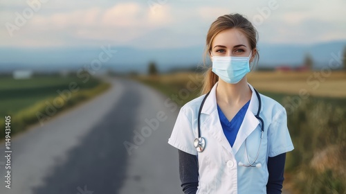 Female doctor or nurse wearing a protective face mask next to a rural road