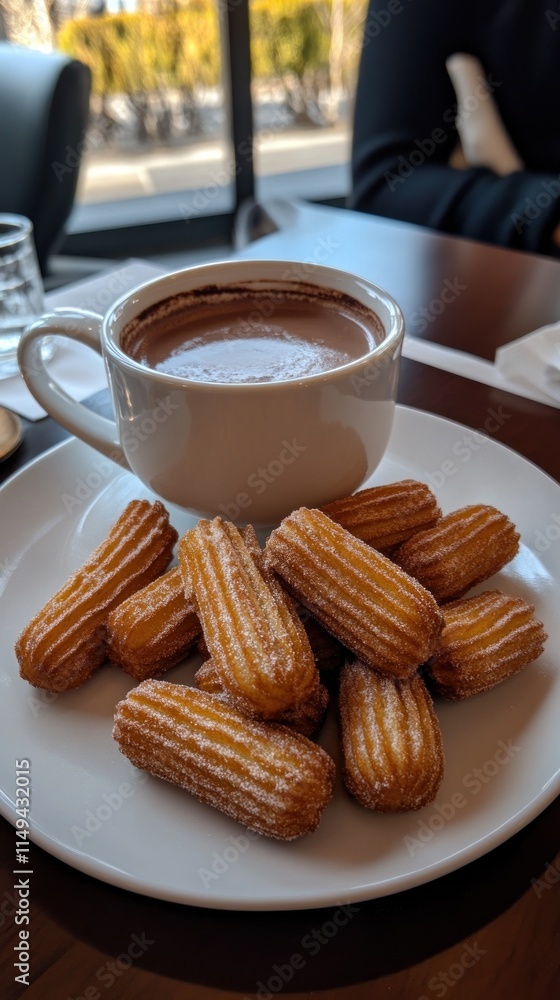 A plate of churros served with a cup of hot chocolate, perfect for a sweet treat. A plate of churros served with a cup of hot chocolate, perfect for a sweet treat.