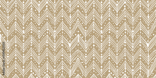 Stylish chevron pattern design featuring white zigzags and dots on a warm beige background.