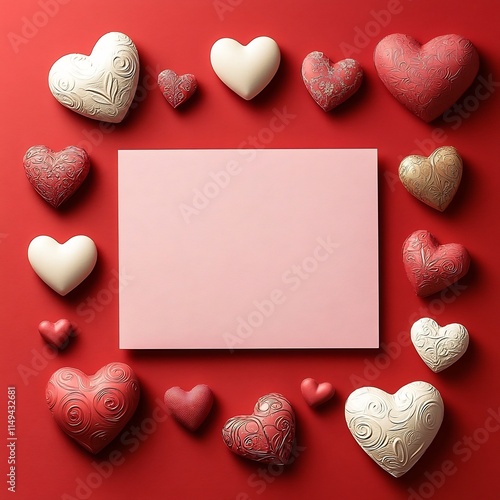 Elegant Red Background with Pink Sign and Decorative Hearts for Valentine s Day Designs photo