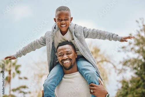 Happy, nature and black child on shoulders of father for playing, having fun and bonding together. Portrait, airplane and African dad carrying boy kid for connection at outdoor park in Nigeria. photo