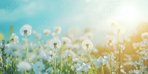 Dandelions in a Sunlit Field with Blue Sky