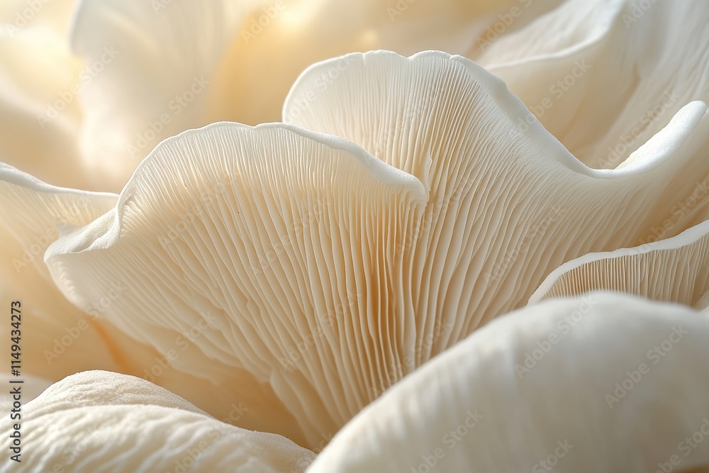 Close-Up View of Delicate Oyster Mushroom Gills, Exhibiting Intricate Patterns and Textures in Nature's Design. Close-Up View of Delicate Oyster Mushroom Gills, Exhibiting Intricate Patterns and Textures in Nature's Design.