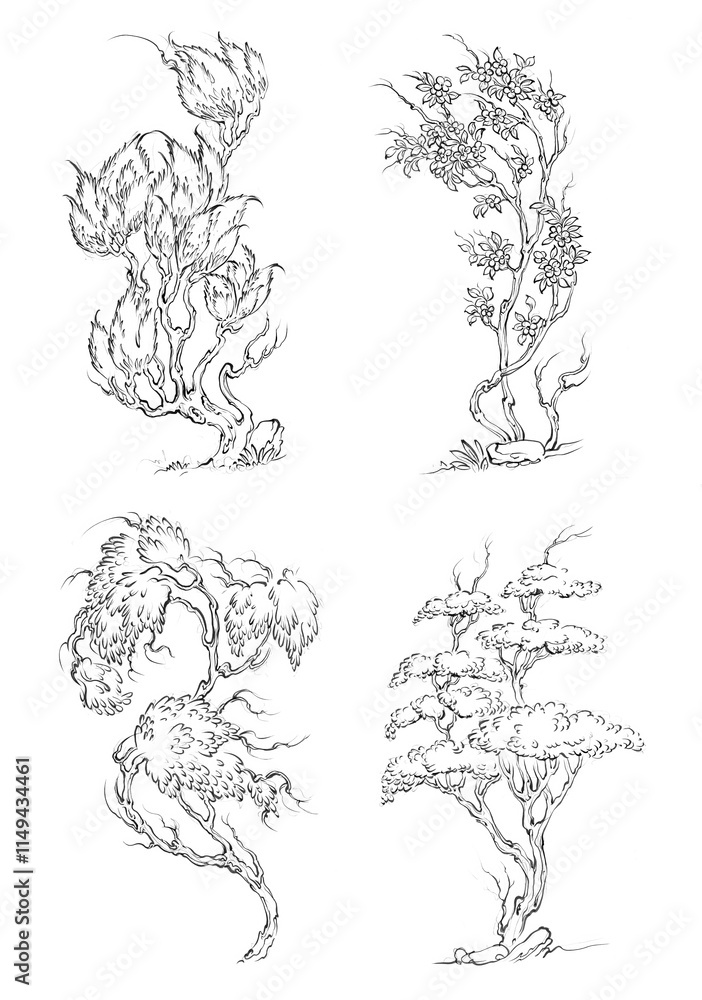 Hand drawn 4 beautiful miniature trees with white background
Hand drawn 4 beautiful miniature trees with white background