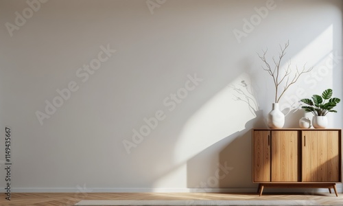 Interior background with wooden cabinet Modern minimalist plant, organic ceramic accents photo