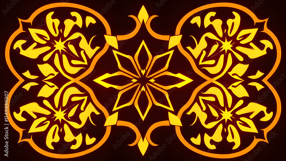 Fototapeta premium Golden Floral Mandala: Intricate design in shades of gold and orange on a dark brown background. Symmetrical pattern, perfect for backgrounds, textiles, and decorative arts. 