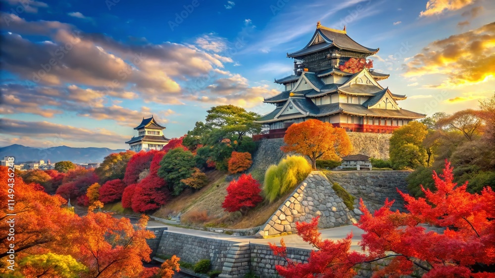 Obraz premium Osaka Castle Autumn Leaves Photography: Stunning Japanese Fall Scenery, Chuo-ku Panoramic View