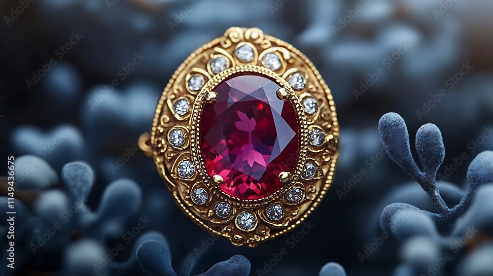 Fototapeta premium A macro shot of a ruby set in a vintage brooch, with delicate gold engravings and sparkling accents.