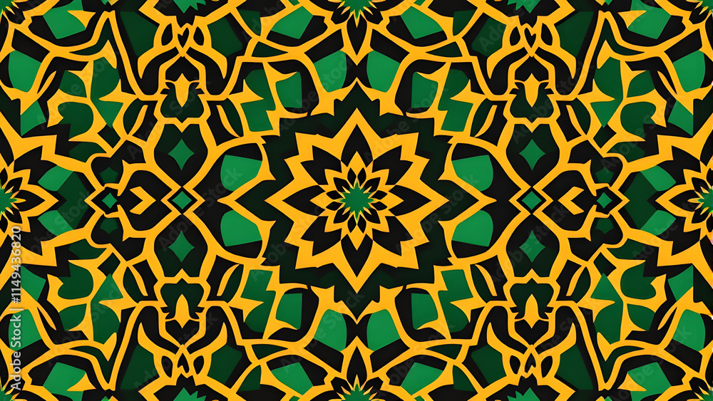 Intricate Geometric Pattern: A mesmerizing kaleidoscope of green and yellow hues creates a captivating, symmetrical design with intricate detail. Intricate Geometric Pattern: A mesmerizing kaleidoscope of green and yellow hues creates a captivating, symmetrical design with intricate detail.