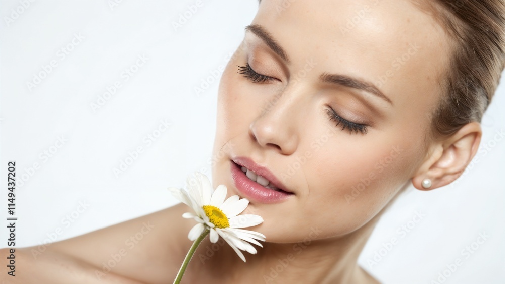 Beautiful woman with closed eyes gently holding a daisy flower against her face Beautiful woman with closed eyes gently holding a daisy flower against her face