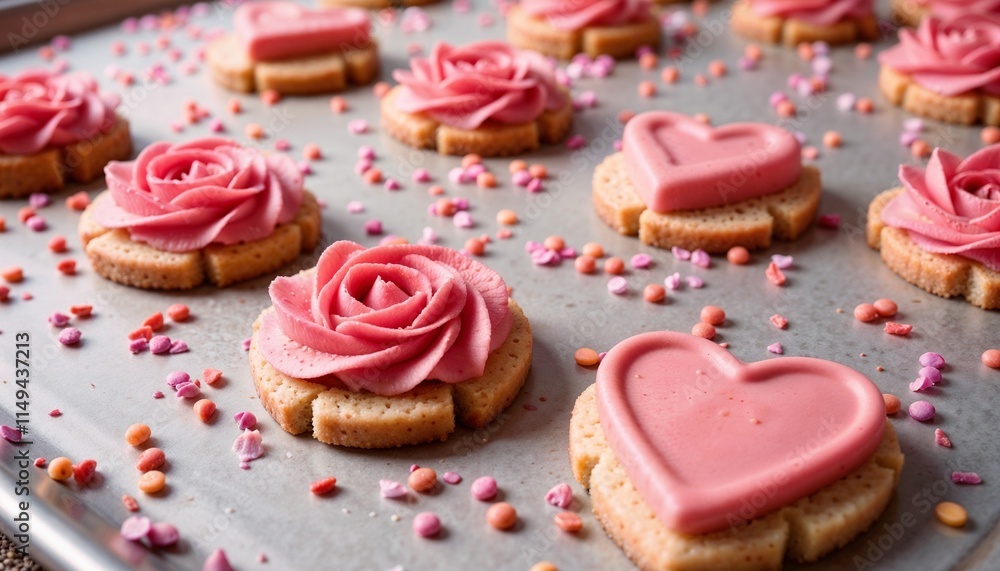 Beautifully decorated cookies with pink icing in the shape of roses and hearts on a baking sheet for Valentine's Day Beautifully decorated cookies with pink icing in the shape of roses and hearts on a baking sheet for Valentine's Day