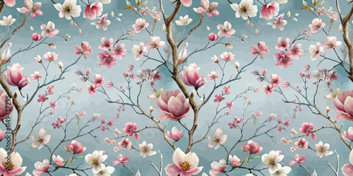 A beautiful floral pattern featuring pink and white blossoms against a soft blue background.