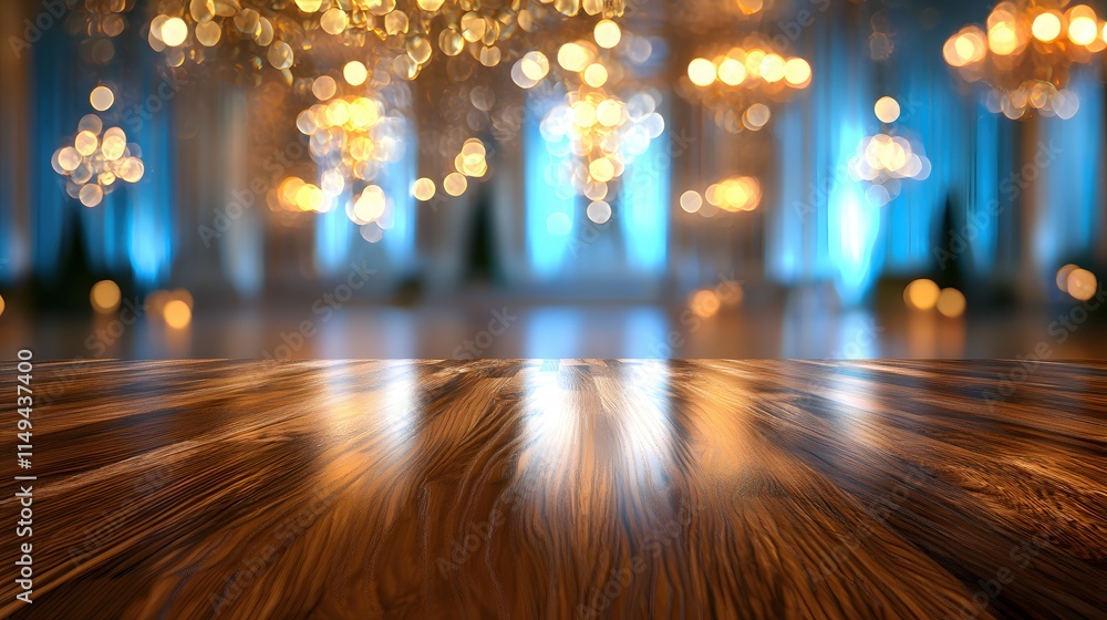 Wooden Surface with Elegant Chandelier Lights Blurring in Soft Background Setting Wooden Surface with Elegant Chandelier Lights Blurring in Soft Background Setting