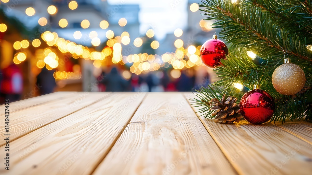Cozy Christmas Scene with Pine Tree, Ornaments, and Blurred Market Background Cozy Christmas Scene with Pine Tree, Ornaments, and Blurred Market Background