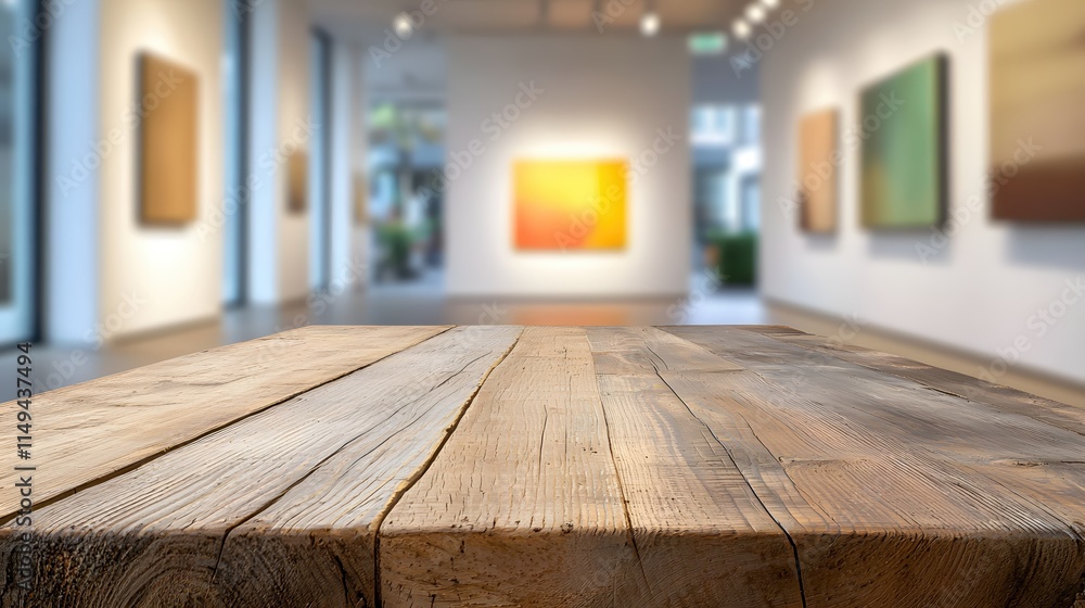 Rustic Wooden Table in Contemporary Art Gallery with Blurred Background Rustic Wooden Table in Contemporary Art Gallery with Blurred Background