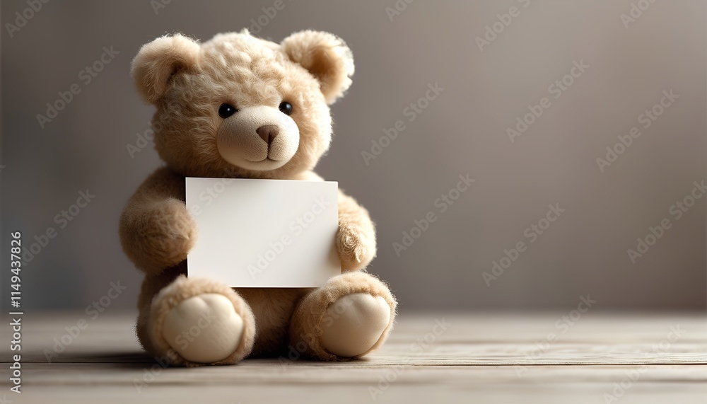 A cuddly brown teddy bear sits on a wooden surface, holding a blank card in its paws. The soft lighting and neutral background create a warm and inviting atmosphere. This image, generated by AI, A cuddly brown teddy bear sits on a wooden surface, holding a blank card in its paws. The soft lighting and neutral background create a warm and inviting atmosphere. This image, generated by AI,