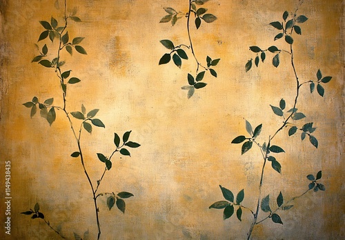 Elegant Green Leaves on Golden Canvas Background Art Print