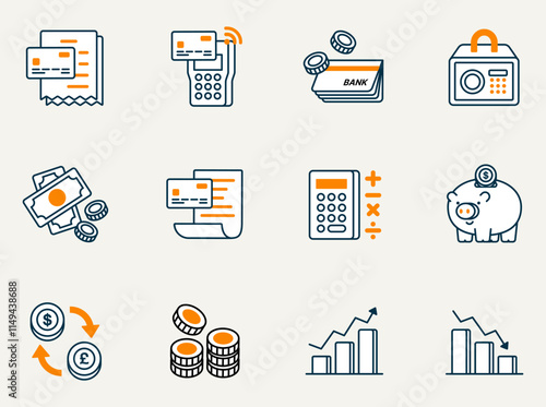 money finance concept vector 2d icon and symbol set