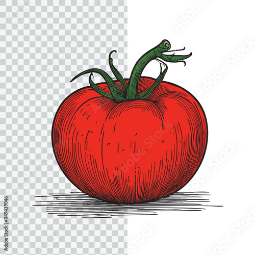 A detailed hand-drawn illustration of a ripe red tomato with green stems in a classic vintage engraving style.