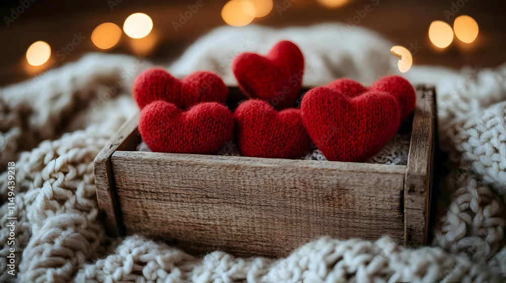 Fototapeta premium Cozy Knit Hearts in Wooden Box