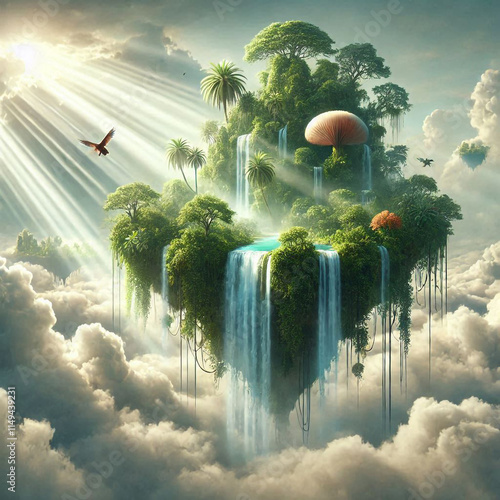 A surreal floating island in the sky, featuring lush vegetation, cascading waterfalls, and exotic creatures. Soft beams of sunlight filter through the mist, creating a heavenly and ethereal realm abov photo