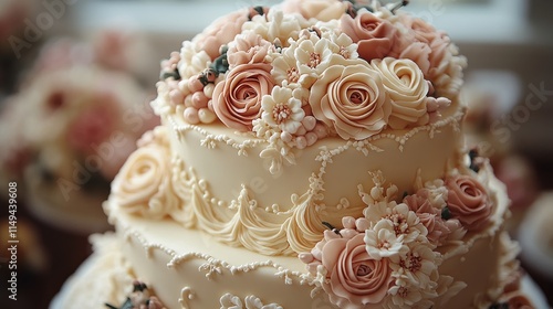 Elegant three-tiered cake, delicate floral frosting.