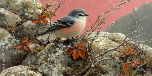 Gray Songbird on Rocky Autumn Branch