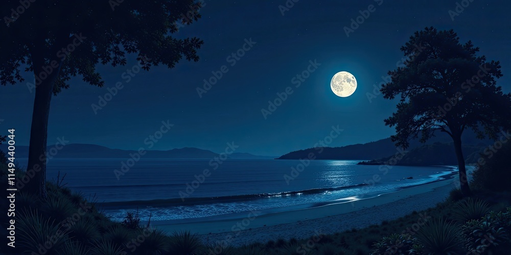 Fototapeta premium Serene Night Ocean Shore Under Full Moon's Glow, Silhouetted Trees Frame the Scene