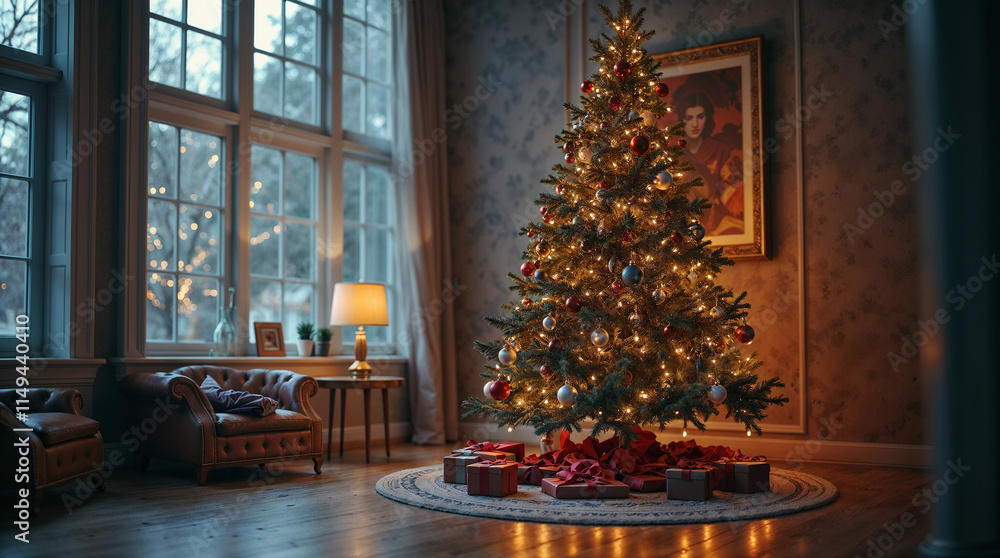 Festive Christmas Tree Silhouette Against Window with Warm Holiday Lights and Winter Background