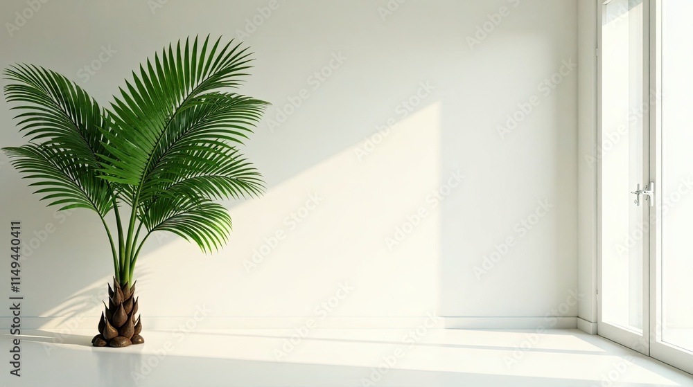 Fototapeta premium Serene Minimalist Room with Palm Plant and Sunlight Streaming Through a Door