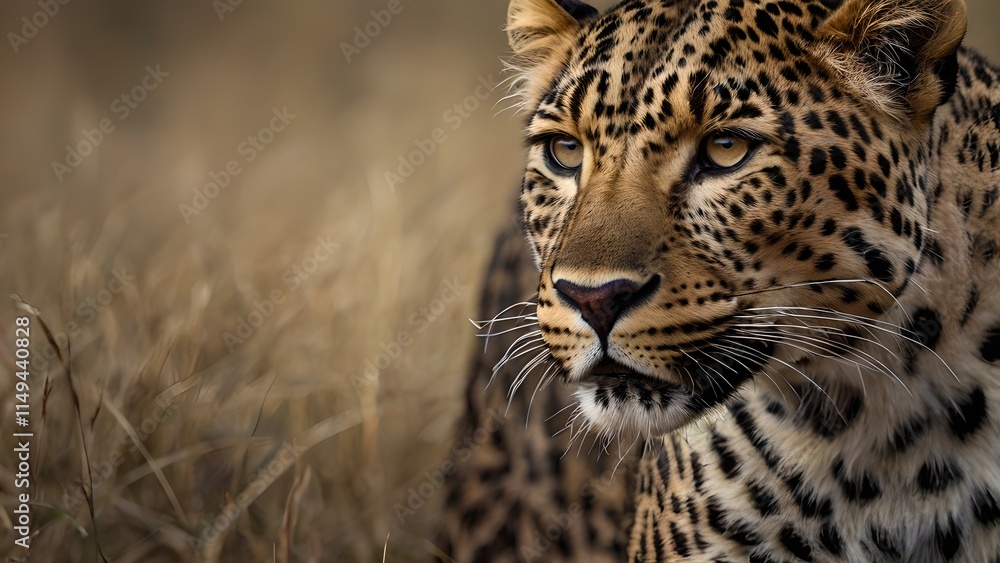 Majestic Leopard Portrait in Golden Grassland Majestic Leopard Portrait in Golden Grassland
