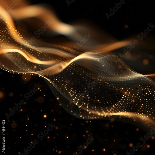 Abstract gold wave particles on black background.