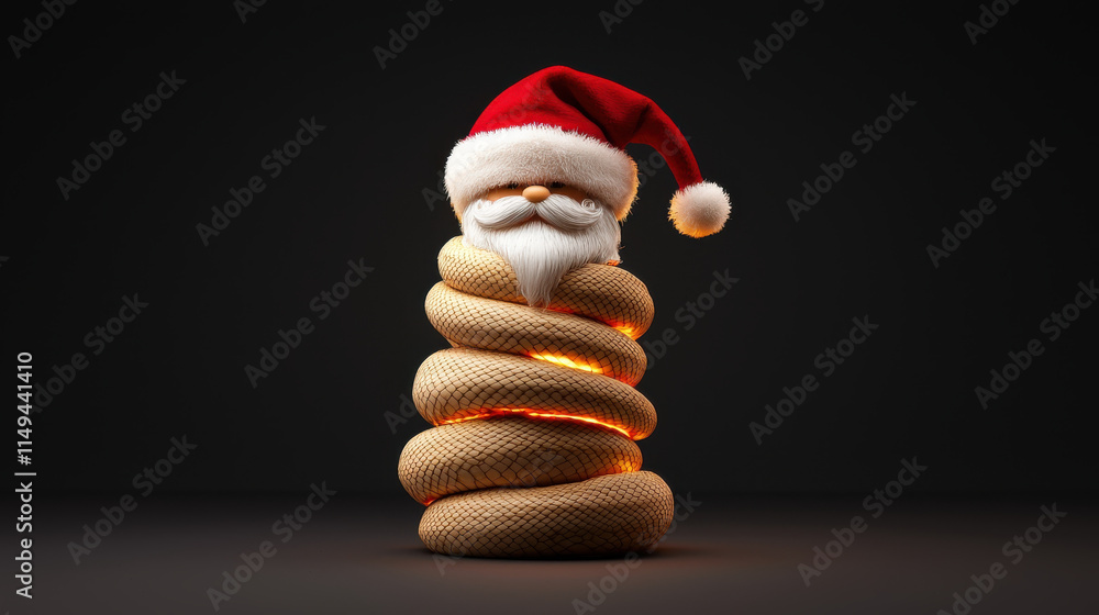 Snake Santa concept. Golden snake with Santa hat and beard, festive and whimsical decoration Snake Santa concept. Golden snake with Santa hat and beard, festive and whimsical decoration