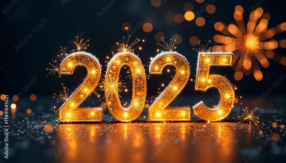 Sparkling 2025 New Year Festive Lights Snow Fireworks Sparkling 2025 New Year Festive Lights Snow Fireworks