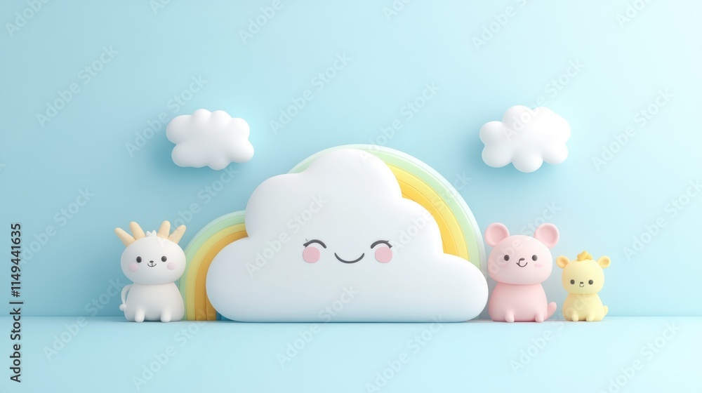 Joyful animal friends under a smiling cloud bright background illustration cheerful atmosphere playful concept for children Joyful animal friends under a smiling cloud bright background illustration cheerful atmosphere playful concept for children