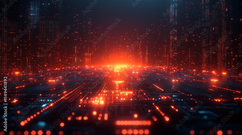 Fototapeta premium Futuristic city, glowing circuit board, digital landscape.