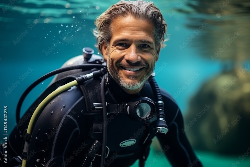 Portrait of a smiling man with scuba gear looking at camera underwater Portrait of a smiling man with scuba gear looking at camera underwater