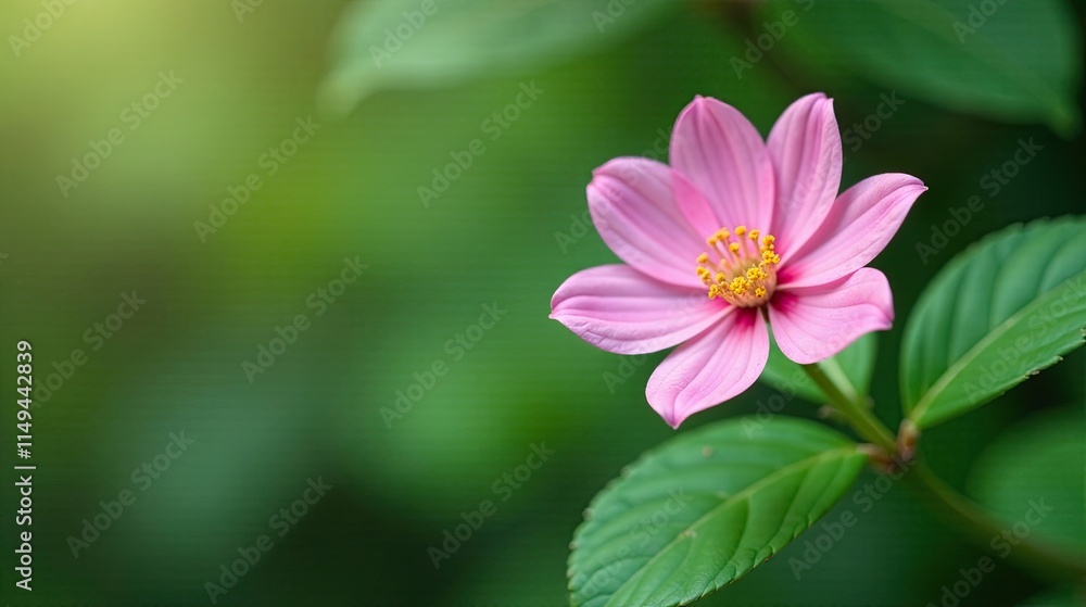 A delicate pink flower blossoms amidst lush green foliage, bathed in soft sunlight, a serene scene of natural beauty and tranquility A delicate pink flower blossoms amidst lush green foliage, bathed in soft sunlight, a serene scene of natural beauty and tranquility