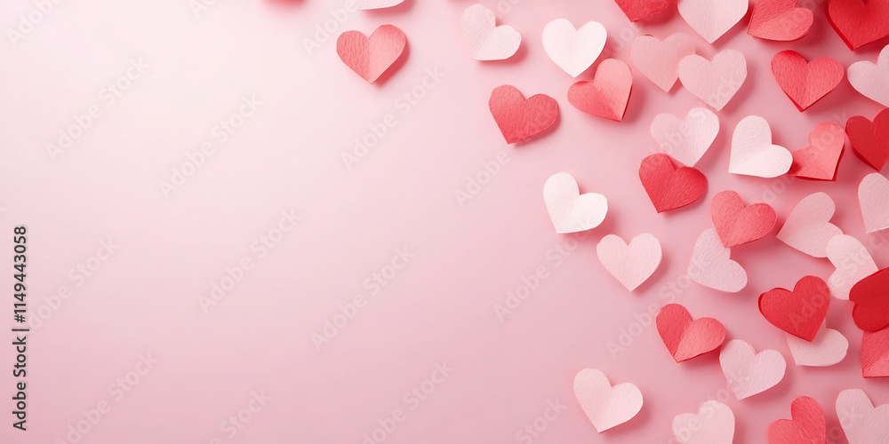 Red, pink, and white paper hearts scattered on a soft pink background with copy space. Minimalistic Valentine's Day concept. Design for greeting card, postcard, invitation, banner, or wallpaper Red, pink, and white paper hearts scattered on a soft pink background with copy space. Minimalistic Valentine's Day concept. Design for greeting card, postcard, invitation, banner, or wallpaper