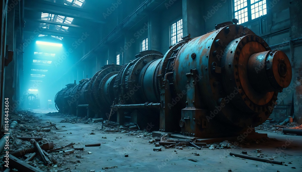 Abandoned Factory Interior Rusty Industrial Machinery Dark Blue Light Abandoned Factory Interior Rusty Industrial Machinery Dark Blue Light