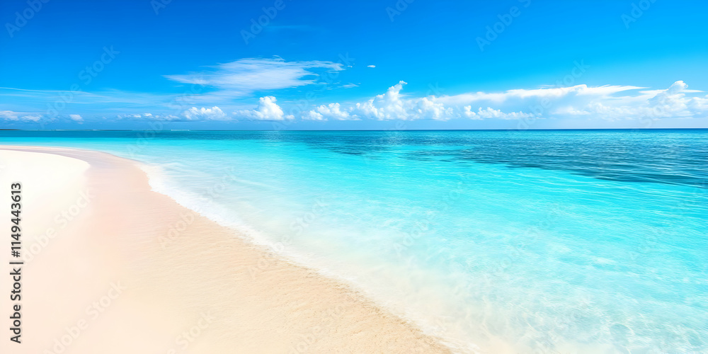 Obraz premium Serene beach with turquoise waters and white sand under a clear blue sky.