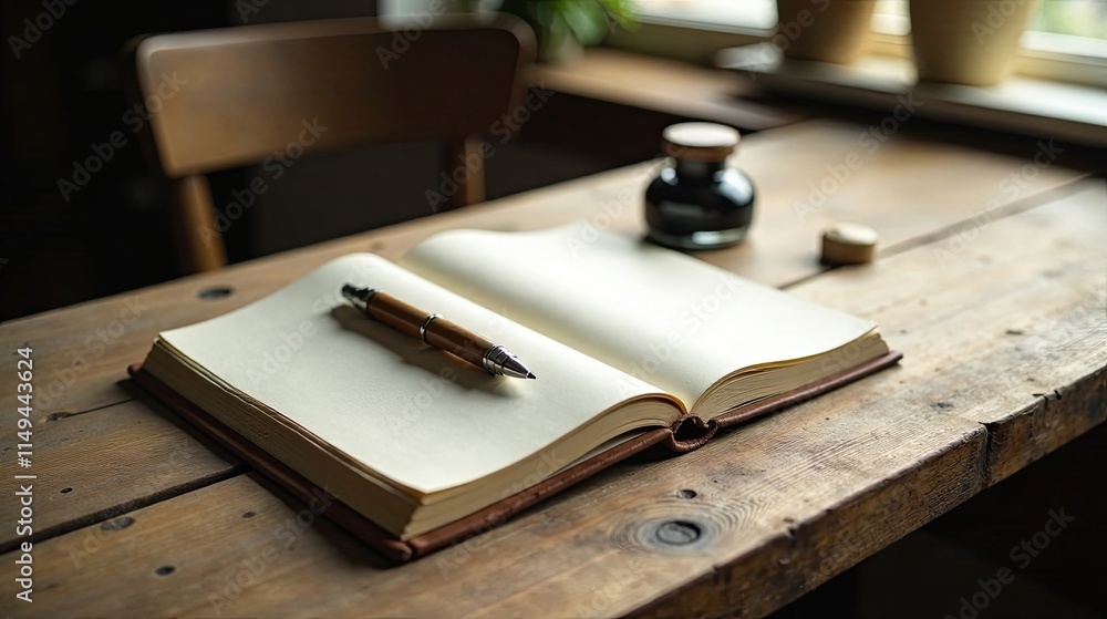 A Rustic Wooden Tabletop with an Open Blank Notebook and a Wooden Pen, Ready for Writing or Sketching, Evoking a Sense of Calm and Inspiration A Rustic Wooden Tabletop with an Open Blank Notebook and a Wooden Pen, Ready for Writing or Sketching, Evoking a Sense of Calm and Inspiration