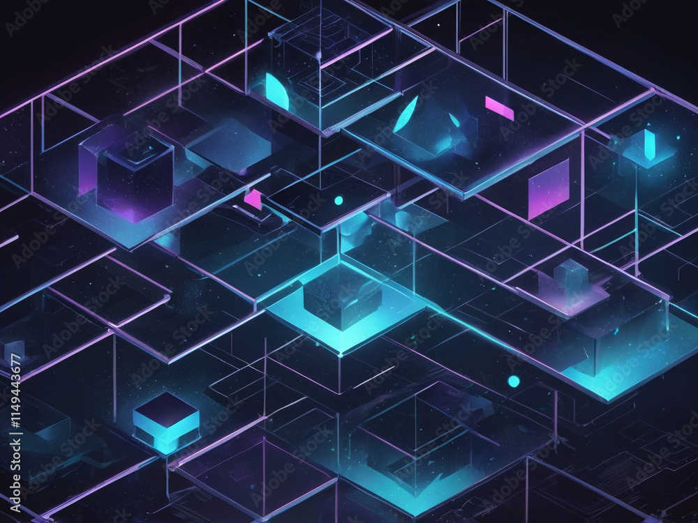 Obraz premium An isometric 3D grid with glowing geometric shapes and futuristic metallic textures