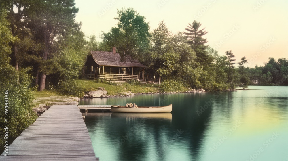 Serene 1920s Lakeside Cabin: Tranquil Sunset Romance by the Wooden Dock